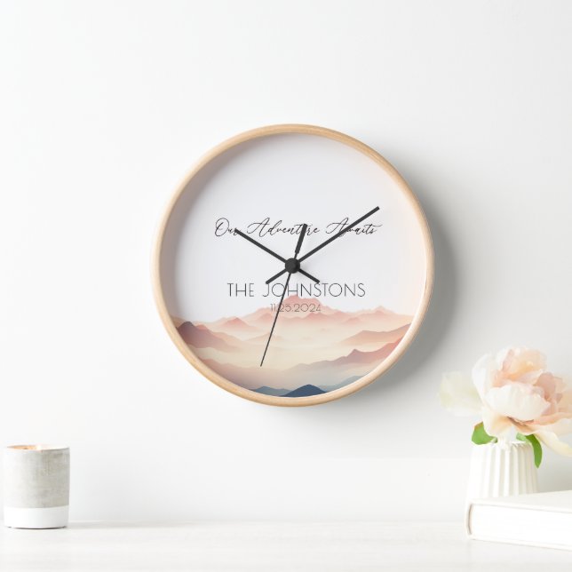 Sunset Watercolor Mountain Wedding Decor Clock (Home)