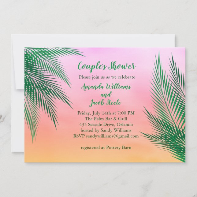 Sunset Watercolor Palm Leaves Couple's Shower Invitation (Front)