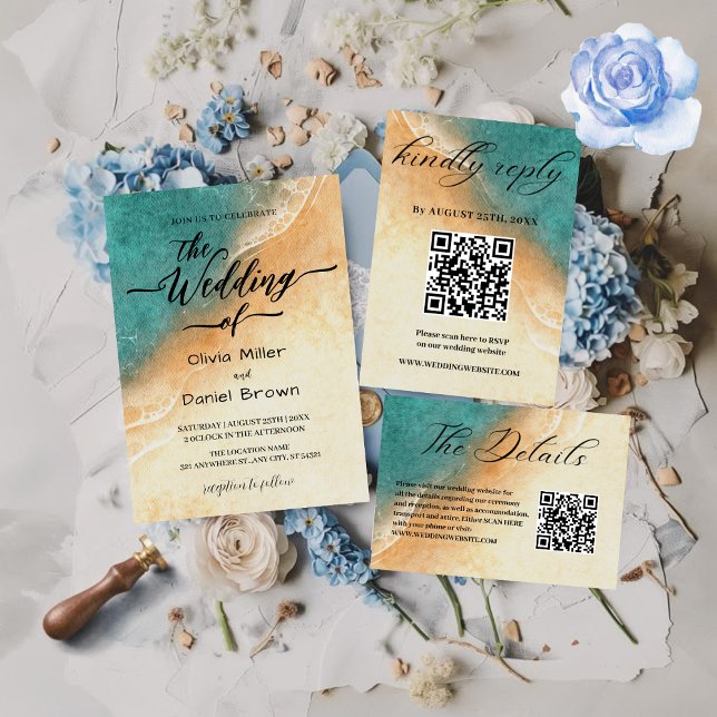 Sunset Watercolor Shoreline Tropical Beach Wedding Invitation (Creator Uploaded)