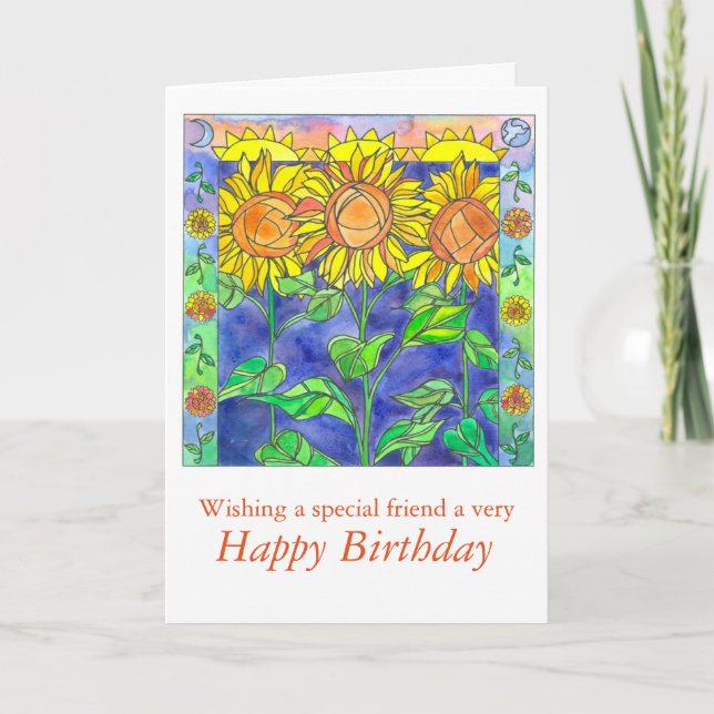 Sunset Watercolor Sunflowers Happy Birthday Friend Card (Front)