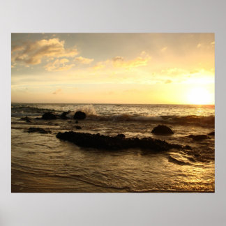 Sunset: waves crashing poster