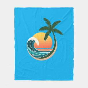 Sunset Waves Palm Trees Fleece Blanket