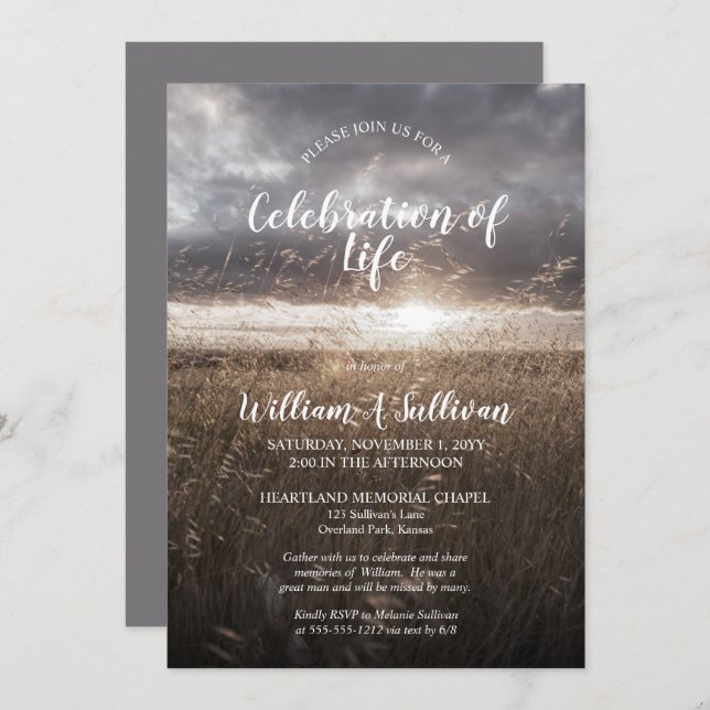 Sunset Wheat Field Photo Celebration of Life Invitation (Front/Back)