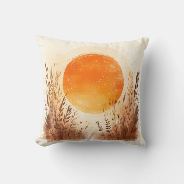 Sunset Wheat Grass Boho Sunrise Throw Pillow (Front)