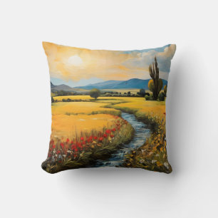Sunset Wildflowers Field With A Flowing Stream  Throw Pillow