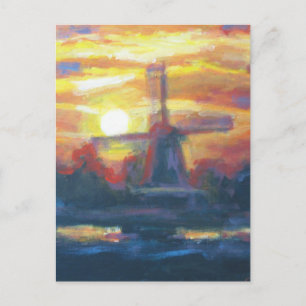 Sunset Windmill Painting Postcard