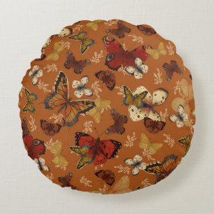 Sunset Wings Orange Butterfly Pattern Round Pillow