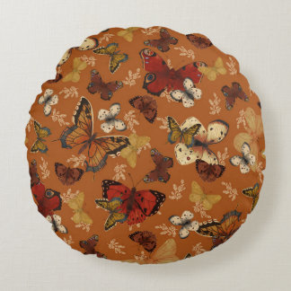 Sunset Wings Orange Butterfly Pattern  Round Pillow