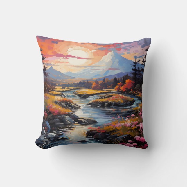 Sunset Winter Creek Throw Pillow | Two Sided Natur (Front)