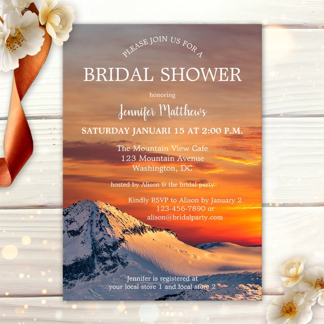 Sunset Winter Wonderland Bridal Shower Invitation (Bridal shower invitation featuring a romantic winter scene with a sunset over snow covered mountains)