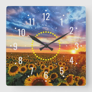Sunset with Beauty of Sunflowers - Rustic Outdoor Square Wall Clock