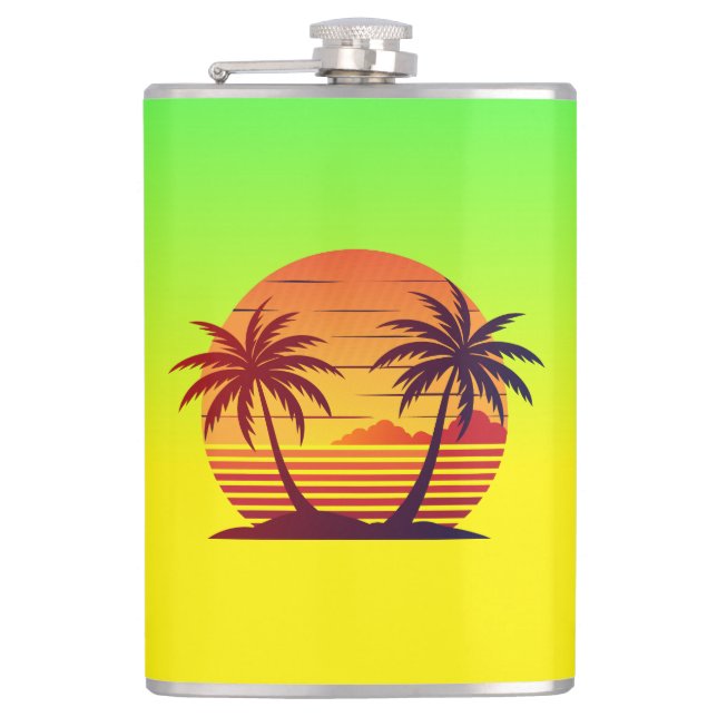 Sunset with Palm Trees Vector Hip Flask (Front)