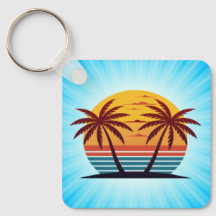 Sunset With Palm Trees Vector Keychain