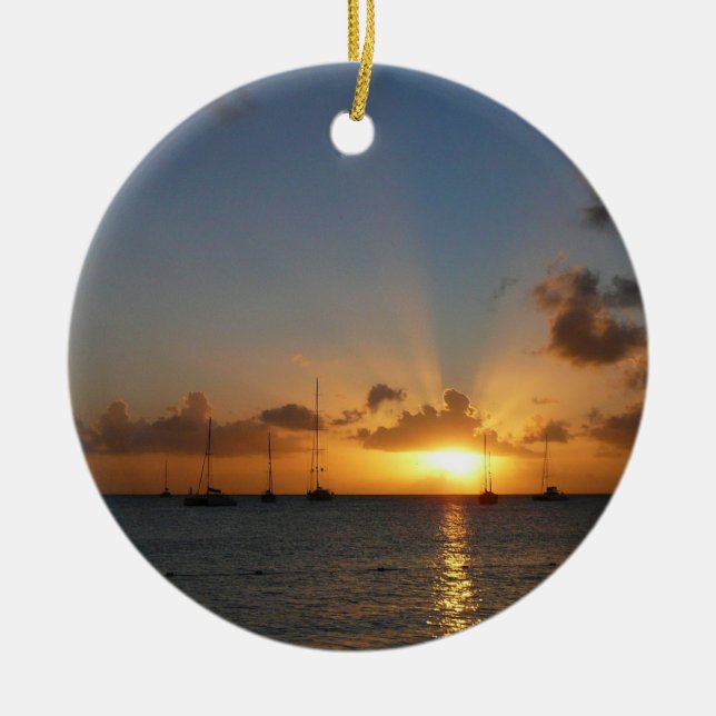 Sunset with Sailboats Tropical Landscape Photo Ceramic Ornament (Front)