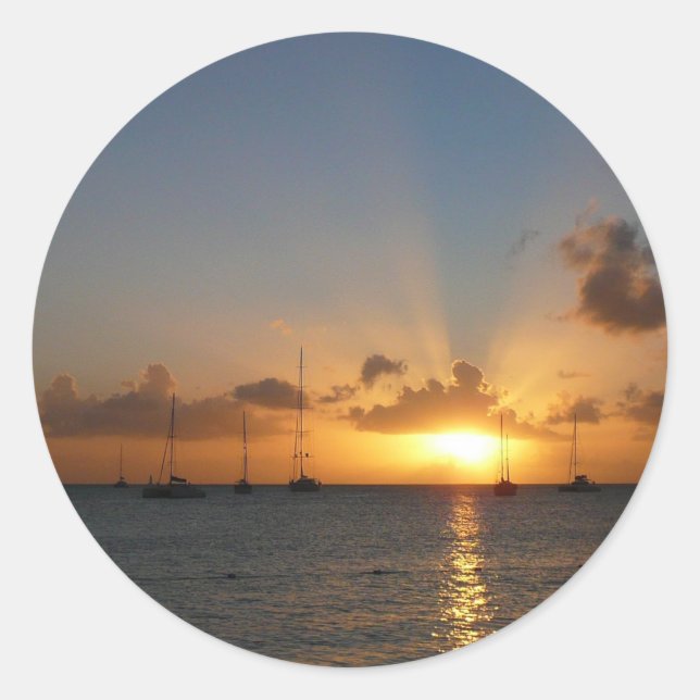 Sunset with Sailboats Tropical Landscape Photo Classic Round Sticker (Front)