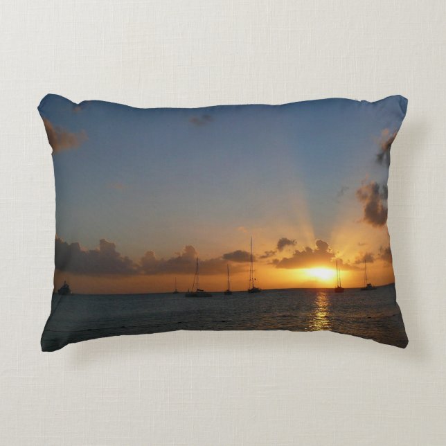 Sunset with Sailboats Tropical Landscape Photo Decorative Pillow (Front)