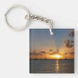 Sunset with Sailboats Tropical Landscape Photo Keychain