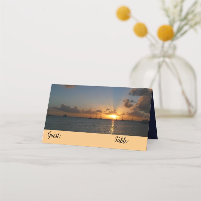 Sunset with Sailboats Tropical Landscape Photo Place Card (Front)