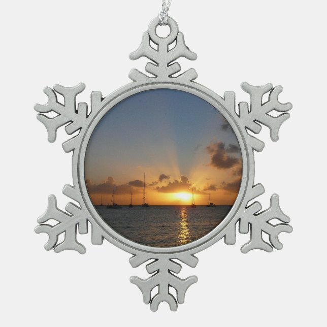 Sunset with Sailboats Tropical Landscape Photo Snowflake Pewter Christmas Ornament (Front)
