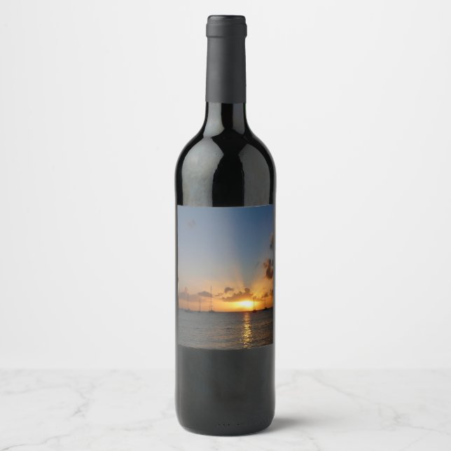 Sunset with Sailboats Tropical Landscape Photo Wine Label (Front)