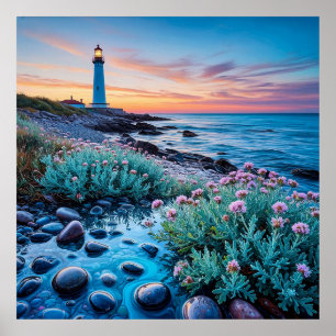 Sunset with Vibrant Flowers and Smooth Stones Poster