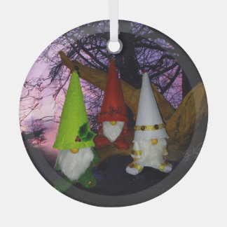Sunset Woodland Gnomes Glass Circle Ornament