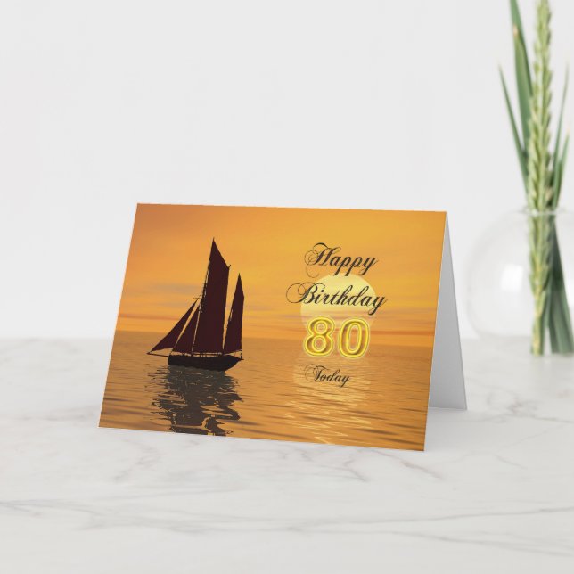 Sunset yacht 80th birthday card (Front)