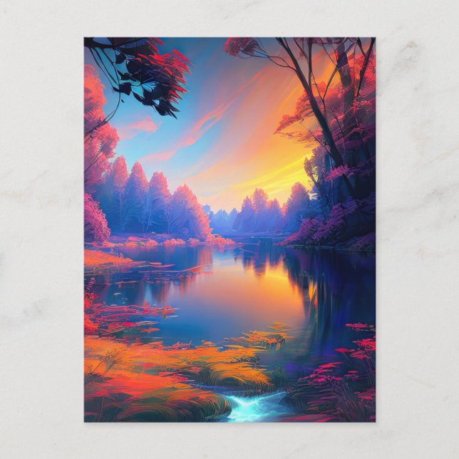 Sunset's Beauty Unveiled at the Forested Lake Postcard (Front)
