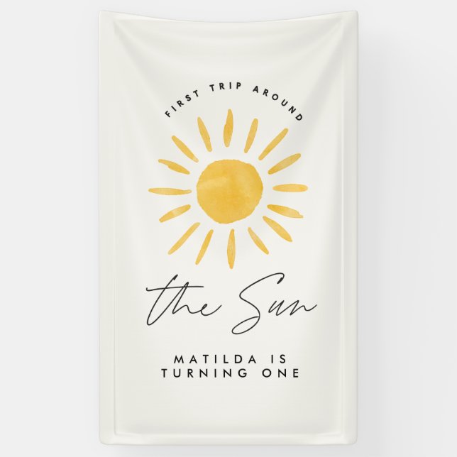 sunshine 1st birthday watercolor sun yellow modern banner (Vertical)
