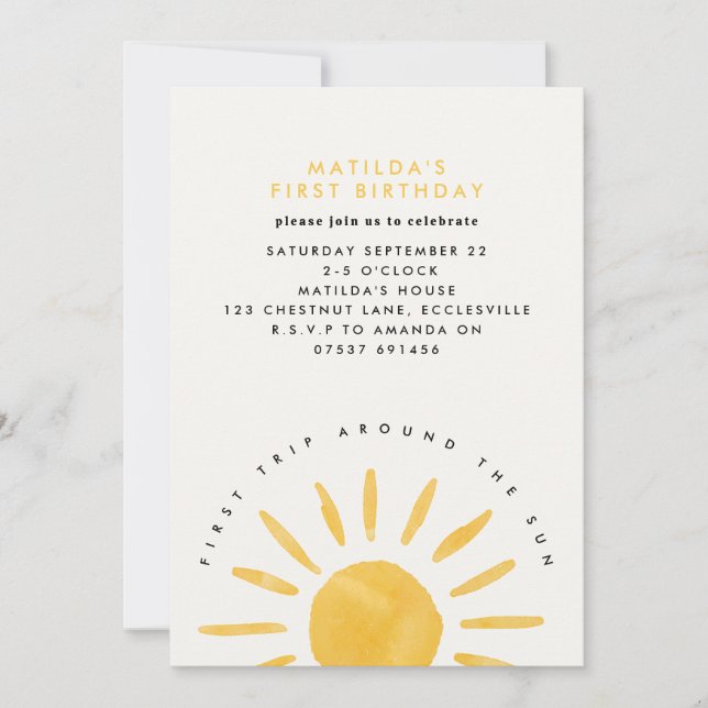 sunshine 1st birthday watercolor sun yellow modern invitation (Front)