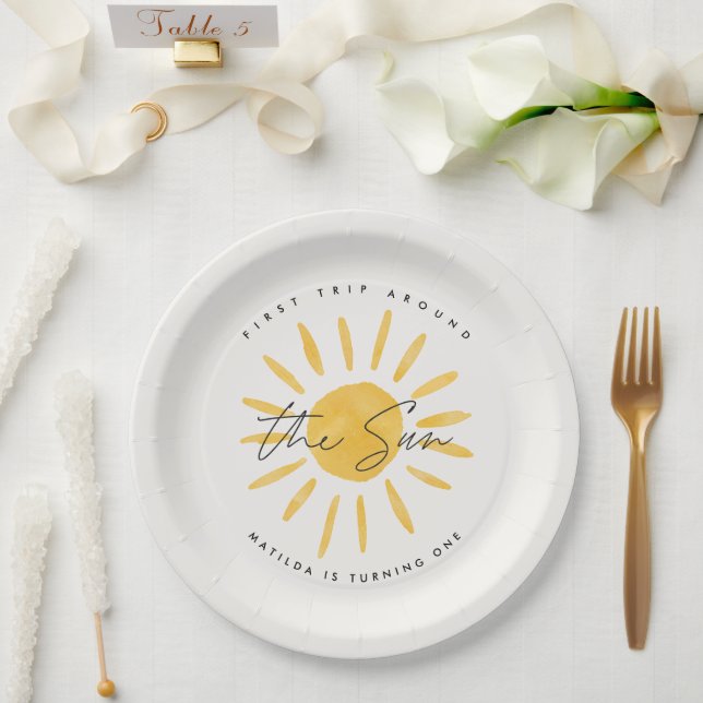 sunshine 1st birthday watercolor sun yellow modern paper plate (Wedding)
