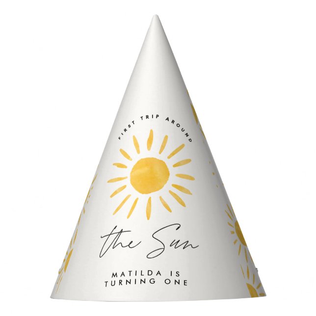 sunshine 1st birthday watercolor sun yellow modern party hat (Front)