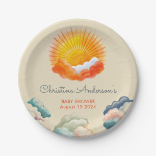 Sunshine and Clouds Yellow Grey Retro Baby Shower Paper Plate