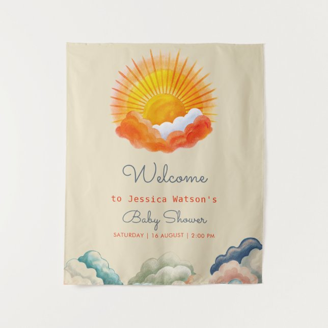 Sunshine and Clouds Yellow Grey Retro Baby Shower Tapestry (Front)