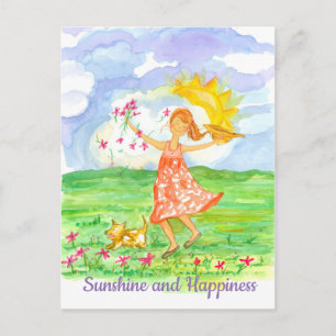 Sunshine and Happiness Girl Dog Inspirational Postcard