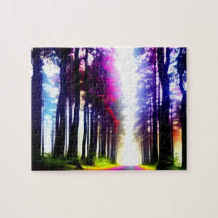 Sunshine and Rainbows Throughout Silhouette Forest Jigsaw Puzzle