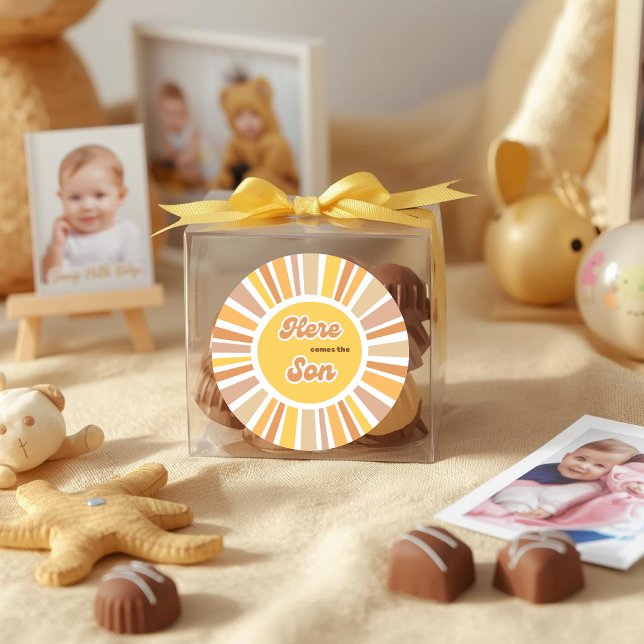 Sunshine Baby Shower Boho Retro Yellow Sunshine Classic Round Sticker (Creator Uploaded)