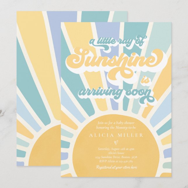Sunshine Baby Shower Boho Retro Yellow Sunshine Invitation (Front/Back)
