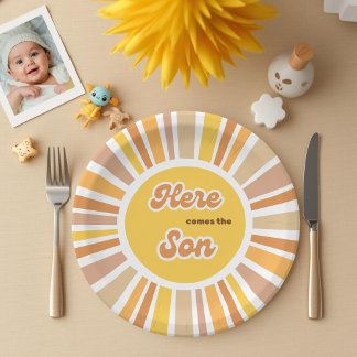 Sunshine Baby Shower Boho Retro Yellow Sunshine Paper Plate