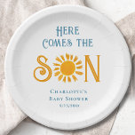 Sunshine Baby Shower Here Come The Son  Paper Plate<br><div class="desc">Cute sunshine themed baby shower paper plate featuring a watercolor illustration of a yellow sun and "Here comes the Son" in stylish retro blue typography. Perfect for a boy's baby shower.
Easily customizable. 
Original Watercolor © Michele Davies.</div>