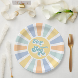 Sunshine Baby Shower Here Come The Son Yellow Rays Paper Plate