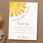 Sunshine Baby Shower Thank You Postcard<br><div class="desc">This baby shower thank you card features the text "A little ray of sunshine is almost here!" with a yellow watercolor sun. Perfect for a gender-neutral baby shower. Easily customizable. Use the Design Tool to change the text size, style, or colour. Because we create our artwork you won't find this...</div>