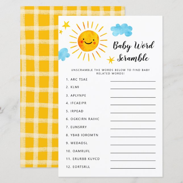 Sunshine Baby Shower Word Scramble Game (Front/Back)