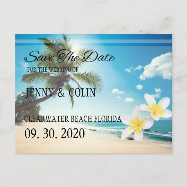 Sunshine Beach Palm Trees Plumeria Save The Date Announcement Postcard (Front)