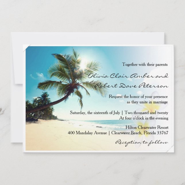 Sunshine Beach Palm Trees Plumerias Wedding Invite (Front)