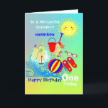 Sunshine Beach Theme Grandson Happy Birthday Card<br><div class="desc">Super cute smiling sunshine over a seaside scene of kids bucket and space along side a fun sand castle; such a fun and colourful design and easy to customize with a name,  age and message,  for that extra special touch at no extra cost.</div>