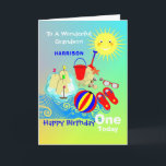 Sunshine Beach Theme Grandson Happy Birthday Card<br><div class="desc">Super cute smiling sunshine over a seaside scene of kids bucket and space along side a fun sand castle; such a fun and colourful design and easy to customize with a name,  age and message,  for that extra special touch at no extra cost.</div>