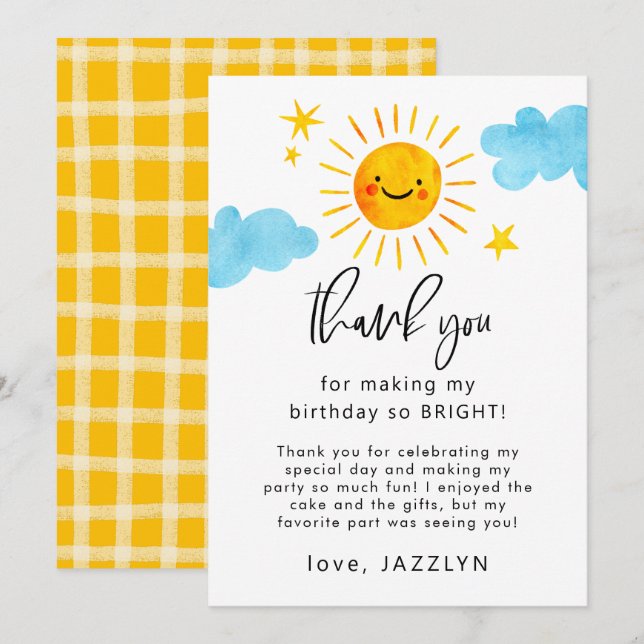Sunshine Birthday Party Thank You Card (Front/Back)