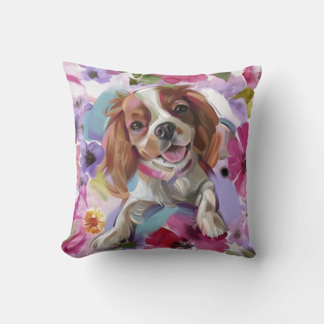 'Sunshine' blenheim cavalier dog art pillow white (Front)