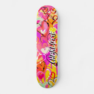 Sunshine Bliss: Yellow & Pink Graffiti Hearts Skateboard